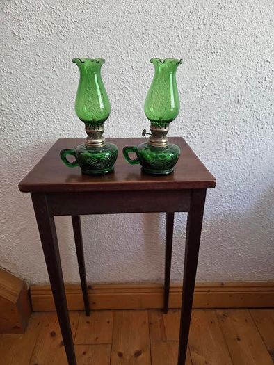 Pair Small Early Vintage Emerald Green Oil Lamps