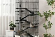 Rabbit cage enclosure 5 levels with 3 doors 5 ramps removable tray casters 81 x 52.5 x 159 cm black and gray
