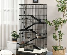 Rabbit cage enclosure 5 levels with 3 doors 5 ramps removable tray casters 81 x 52.5 x 159 cm black and gray