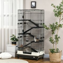 Rabbit cage enclosure 5 levels with 3 doors 5 ramps removable tray casters 81 x 52.5 x 159 cm black and gray