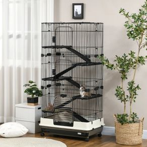 Rabbit cage enclosure 5 levels with 3 doors 5 ramps removable tray casters 81 x 52.5 x 159 cm black and gray