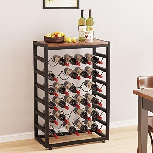 Dripex 30 Bottles Wine Rack Free Standing Floor, 6-Tier Display Wine Storage Shelves with Wooden Table Top, Sturdy Metal Bottle Holder for Kitchen Bar Pantry