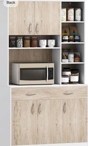 New fully assembled kitchen buffet with hutch features a simple modern design and can be fit into various styles of decorations. It features 6 open compartments for utensils and plates, 2 easy-glide drawers for accessories and 3 enclosed cabinets for kitc