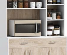 New fully assembled kitchen buffet with hutch features a simple modern design and can be fit into various styles of decorations. It features 6 open compartments for utensils and plates, 2 easy-glide drawers for accessories and 3 enclosed cabinets for kitc