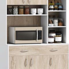 New fully assembled kitchen buffet with hutch features a simple modern design and can be fit into various styles of decorations. It features 6 open compartments for utensils and plates, 2 easy-glide drawers for accessories and 3 enclosed cabinets for kitc