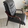 Pair of Black Leather Office / Visitor Armchairs with Mahogany Wooden Arms Image 2