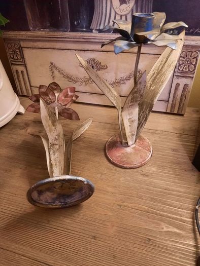 2 Handpainted Shabby Chic Metal Candleholders, AV