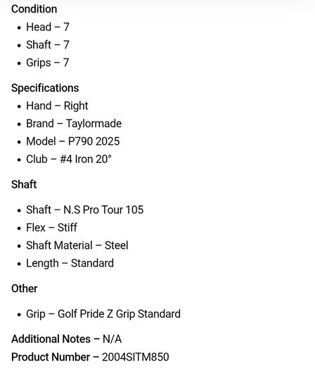Taylormade P790 2025 #4 Iron 20 Degree / N.S Pro Tour 105 Stiff