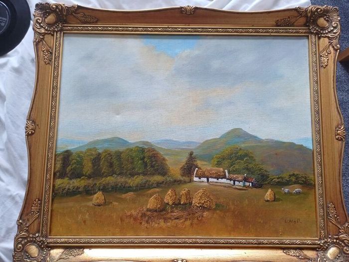Vintage Framed Oil Painting - Traditional Irish Thatched Cottage Scene