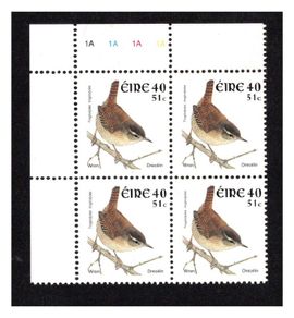 2001 Ireland 40p/51c Wren Dual-value Bird Definitive Plate Block 1A1A1A1A Mint Never Hinged (MNH)