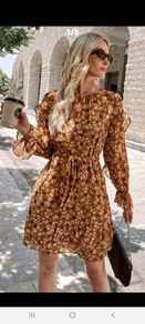 brown floral ruffle dress