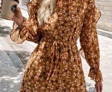 brown floral ruffle dress