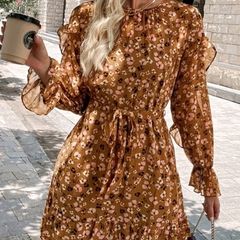 brown floral ruffle dress