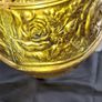 Vintage Brass Hanging Planter likely originates from England and features an embossed floral or rose pattern. The piece has developed a natural verdigris patina over time, postage available or collection Image 5