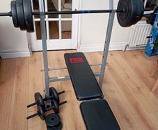 Adjustable Pro Power weight bench + weights + bars
