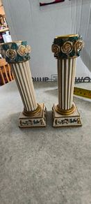 Vintage Pair of candlesticks shabby chic, resin pillar with roses