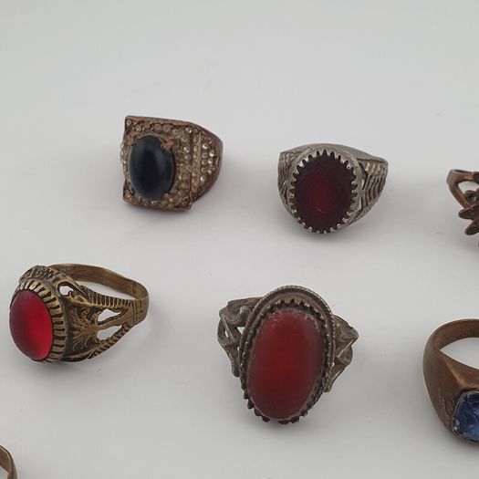 15 Antique Style Brass Rings Mixed Stone & Colourful Glass Accents