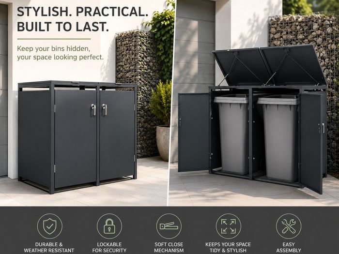 Double Metal Wheelie Bin Storage Box for 2 x 240L Bins Lockable Anthracite Powder-Coated Steel Bin Store