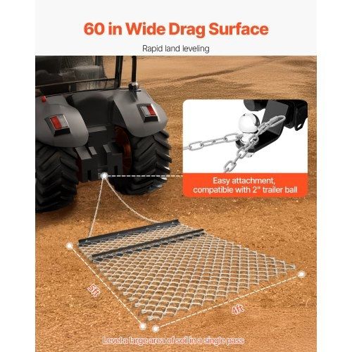 Drag Harrow, 4 x 5 ft Chain Harrow - Made from Q235 Steel, UTV Tractor Attachments for Landscape Leveling or Sod Prepping, Durable Harrow Rake