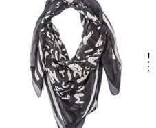 100% Pure Silk Square Scarf Black Cream Graphic Typography Script Print