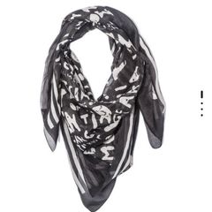 100% Pure Silk Square Scarf Black Cream Graphic Typography Script Print