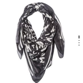 100% Pure Silk Square Scarf Black Cream Graphic Typography Script Print