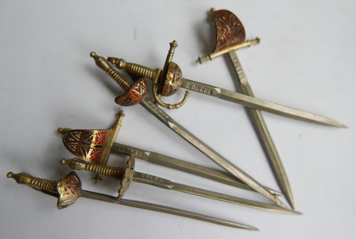 Vintage Set of 6 Enameled Cocktail Sticks Swords By Toledo of Spain 1960s