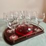 Vintage Wine Decanter Set 6 Large Goblets Brass Gallery Wood Tray Image 2