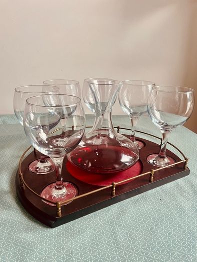 Vintage Wine Decanter Set 6 Large Goblets Brass Gallery Wood Tray