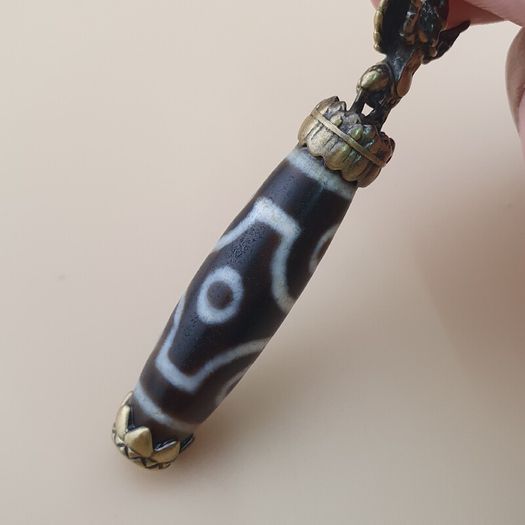Vintage 6 Eyes Hiamalyan Tibetan Agate Bead Brass Pendant