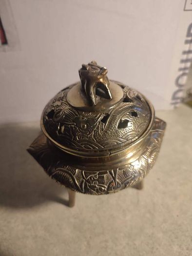 Vintage Tri Leg Incense Burner  Lidded Metal / Brass Chinese Marked   Old  Ceremonial/ Meditation  Clearing Energy/ Purification Ritual