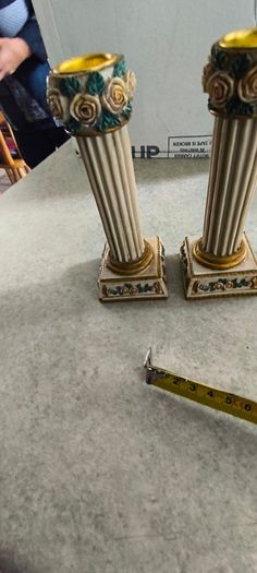 Vintage Pair of candlesticks shabby chic, resin pillar with roses