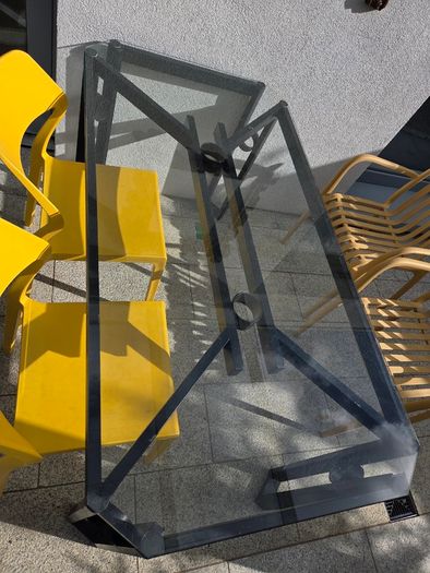 Alfrank metal and glazed dining table, black steel with safety glass tabletop