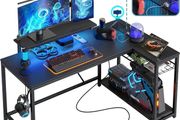 132.5CM L-Shaped Workstation with Carbon Fibre Surface, 3 Power Outlets &amp; 2 USB Ports