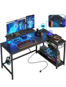132.5CM L-Shaped Workstation with Carbon Fibre Surface, 3 Power Outlets & 2 USB Ports