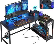 132.5CM L-Shaped Workstation with Carbon Fibre Surface, 3 Power Outlets & 2 USB Ports