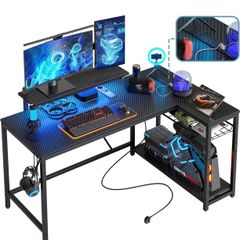 132.5CM L-Shaped Workstation with Carbon Fibre Surface, 3 Power Outlets & 2 USB Ports