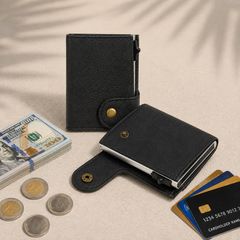 Premium Genuine Leather Smart Card Holder Wallet RFID Blocking Slim Wallet with Pop-Up Card Case