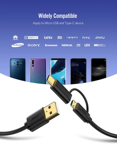 Ugreen 1M 2-in-1 (USB-C & Micro USB) QC 3.0 Fast Charger & Data Sync Gold Plated Cable (Brand New/Warranty)