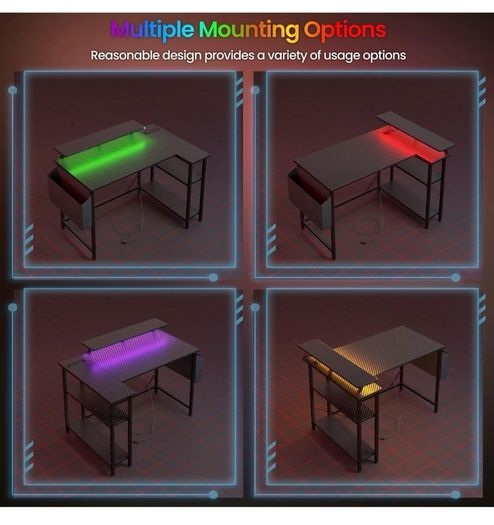 L Shaped Gaming Desk with LED Lights & Power Outlets, 100x80cm