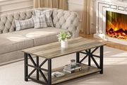 Modern Coffee Table with 2-Tier Storage, Wooden 100 cm Living Room Table with Round Corner, Centre Table with X-Frame Design for Home Office,Grey Wash