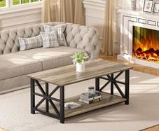 Modern Coffee Table with 2-Tier Storage, Wooden 100 cm Living Room Table with Round Corner, Centre Table with X-Frame Design for Home Office,Grey Wash