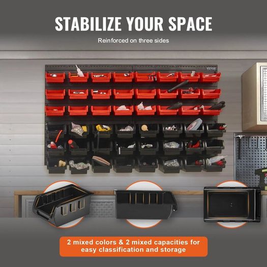 Wall-Mounted Storage Bins Organiser, 48-Bin Parts Rack for Screws, Nuts, Bolts, Nails & Small Tools, Black and Red