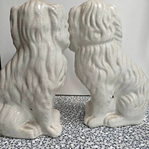 Vintage pair of Staffordshire pottery mantel dogs