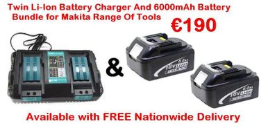 Twin Li-Ion Battery Charger And 6000mAh Battery Bundle for Makita Range Of Tools