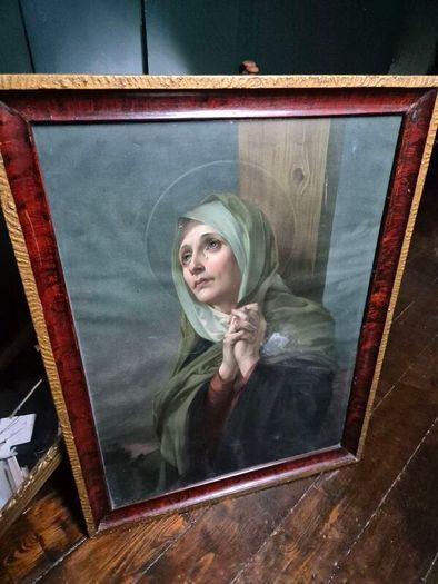 Vintage 1934 large print Mater Dolorosa glass wood framed