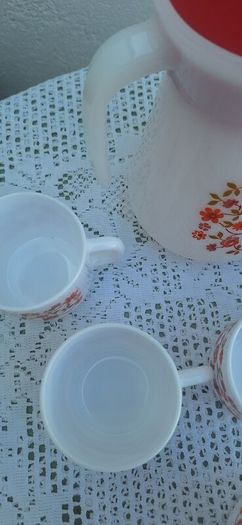 Vintage  1970s Arcopal France Milk Glass Jug and Cups Set