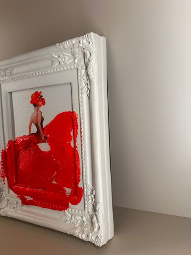 Neon Pink Dress Framed Painting, White Ornate Frame