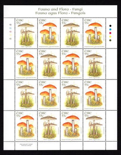 2008 Ireland Fauna & Flora: Fungi Commemorative Stamp Sheetlet Plate 1B1B1B1B1B Mint Never Hinged (MNH)