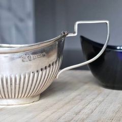 Antique 1902 Edwardian Sterling Silver Mustard Pot Base & Original Glass Liner
